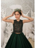 Two Pieces Beaded Dark Green Lace Satin Floor Length Flower Girl Dress